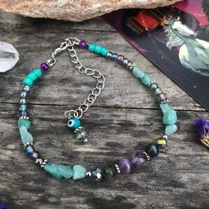 Evil Eye Amazonite Amethyst Beaded Gemstone Anklet